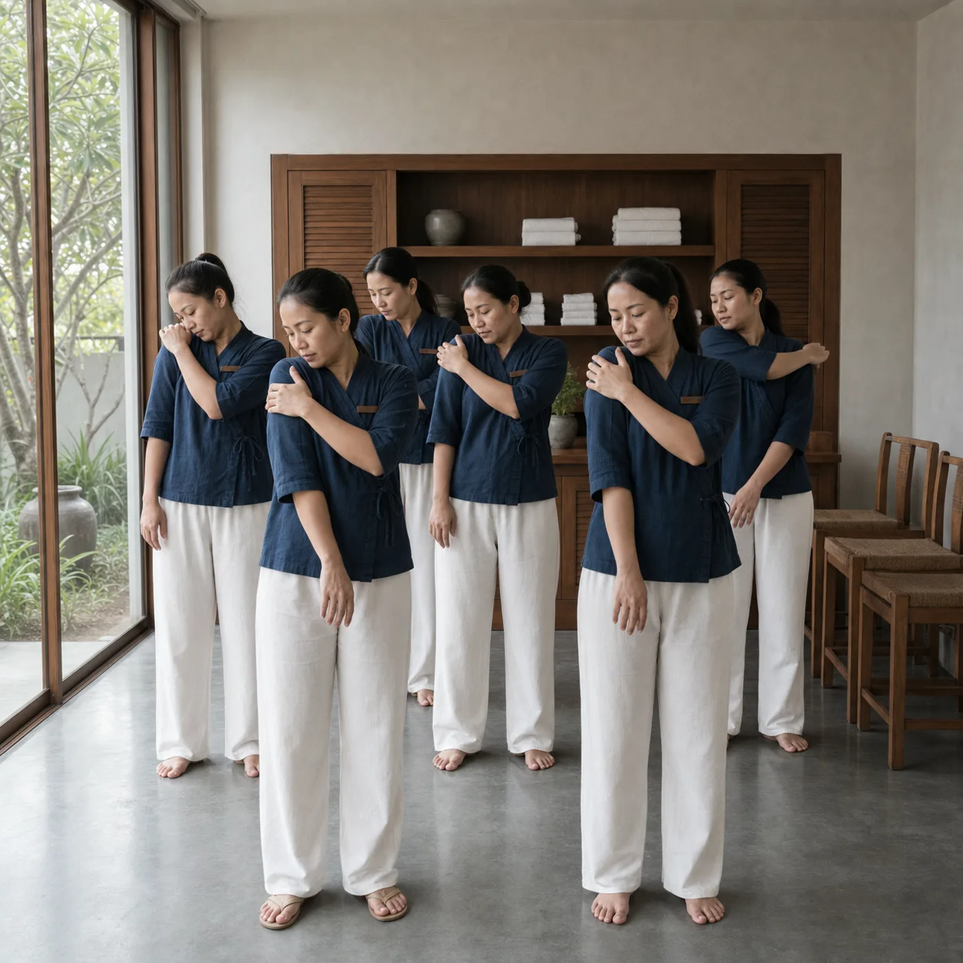 หมอนวดหกคนยืนยืดหัวไหล่พร้อมกันในห้องรับรอง ก่อนร้านเปิด เก้าอี้ยังวางซ้อนอยู่ข้างผนัง